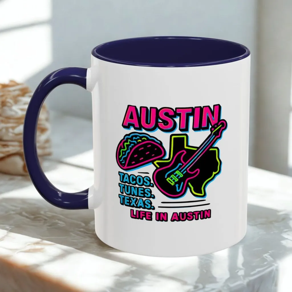 Austin Neon Coffee Mug – Texas Tacos and Tunes Mug Austin Neon Coffee Mug – Texas Tacos and Tunes Mug - Image 1