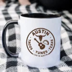 Austin Texas Badge Mug – Rustic Tacos Tunes Life Mug