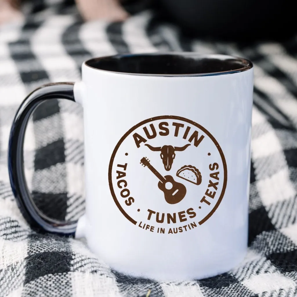 Austin Texas Badge Mug – Rustic Tacos Tunes Life Mug Austin Texas Badge Mug – Rustic Tacos Tunes Life Mug - Image 1