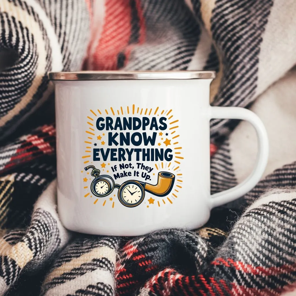 Grandpas Know Everything Enamel Camping Mug | Mug | Mug Spot USA Grandpas Know Everything Enamel Camping Mug - Image 1