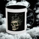 Halloween Skull Mug – Spooky Coffee Cup with Green Eyes & Bats